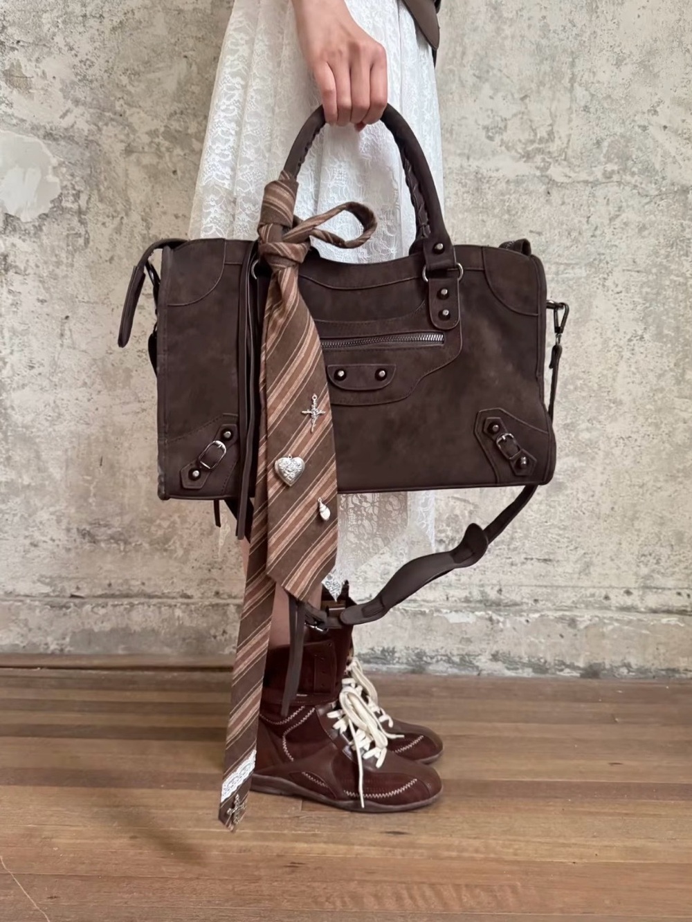 Women's Suede Top-Handle Satchel Bag in Deep Brown